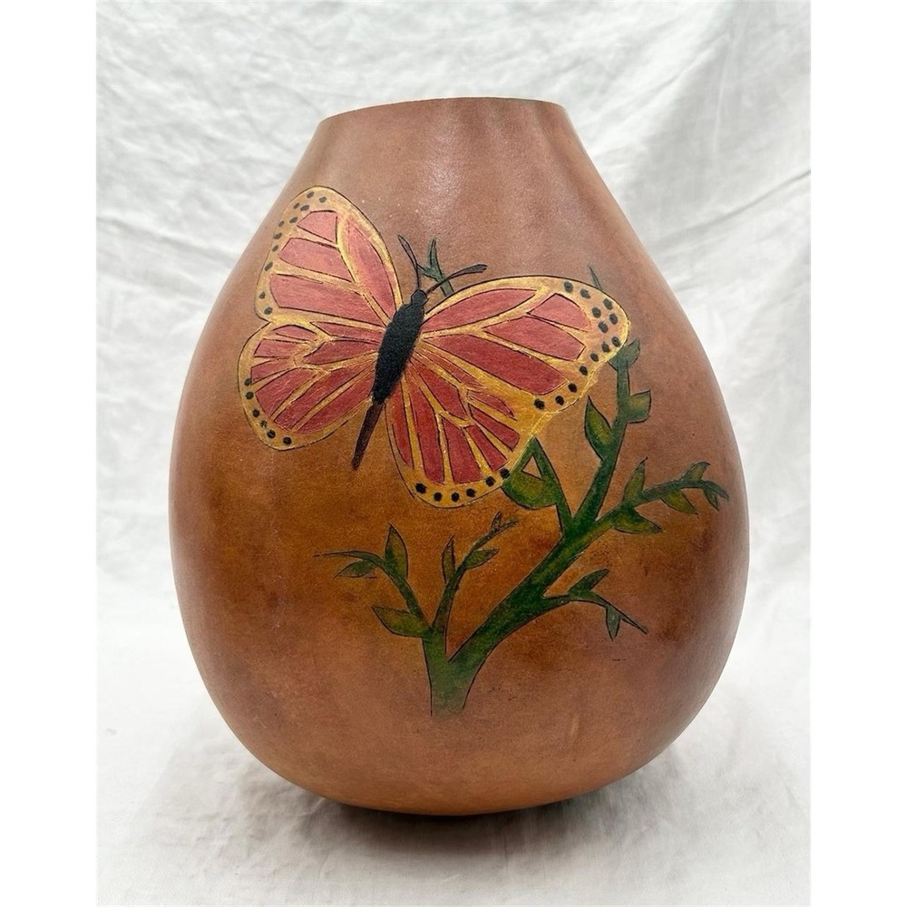 Hand Painted Butterfly Large Gourd Vase Rustic Folk Art Home Decor